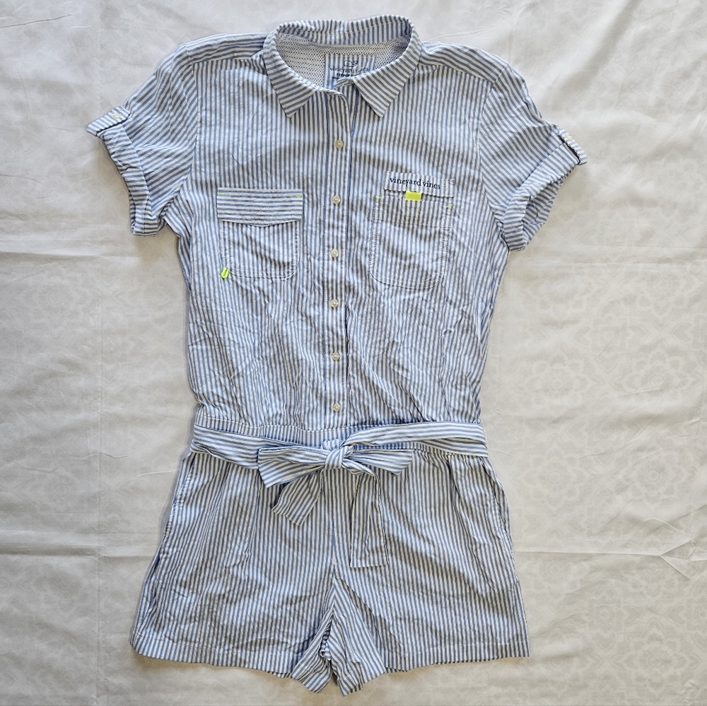 Vineyard Vines Womens 4 Seersucker Harbor Romper Breaker Blue Striped